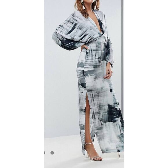 ASOS Maxi Dress Deep V-neck Batwing Sleeve Abstract Gray Black Lavender Size 10 - Picture 3 of 9